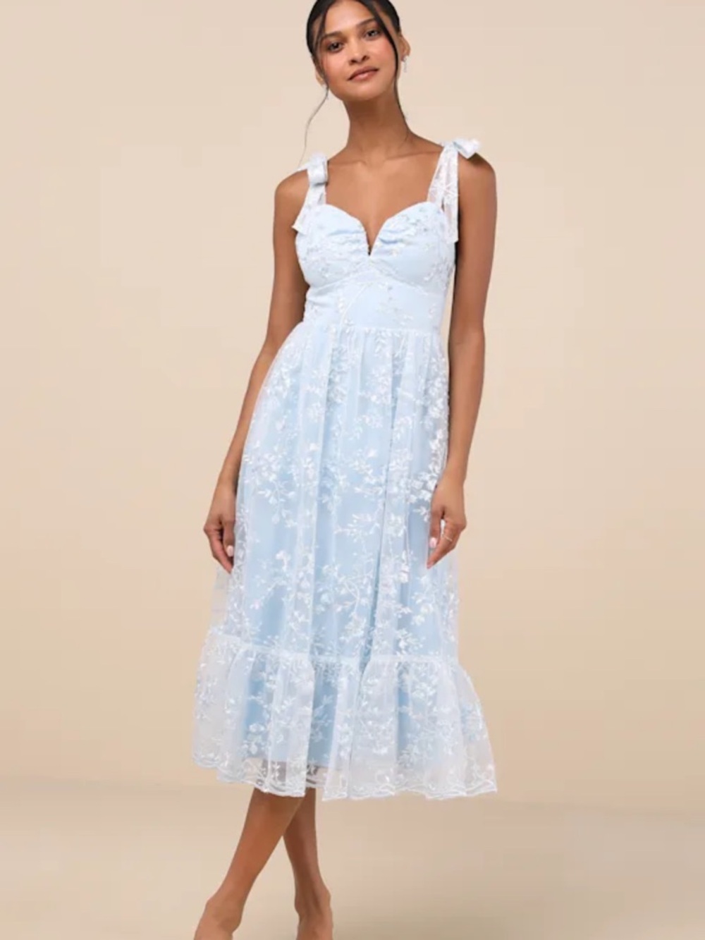Lulu's Powder Blue Lace Midi Dress with Tie Straps